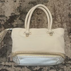 Jack Rogers Pebbled Leather Cream Purse Handbag with Gold Accents