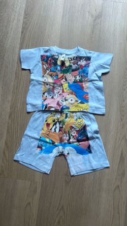 Cartoon print stimuli kids short set, baby blue, 12 months