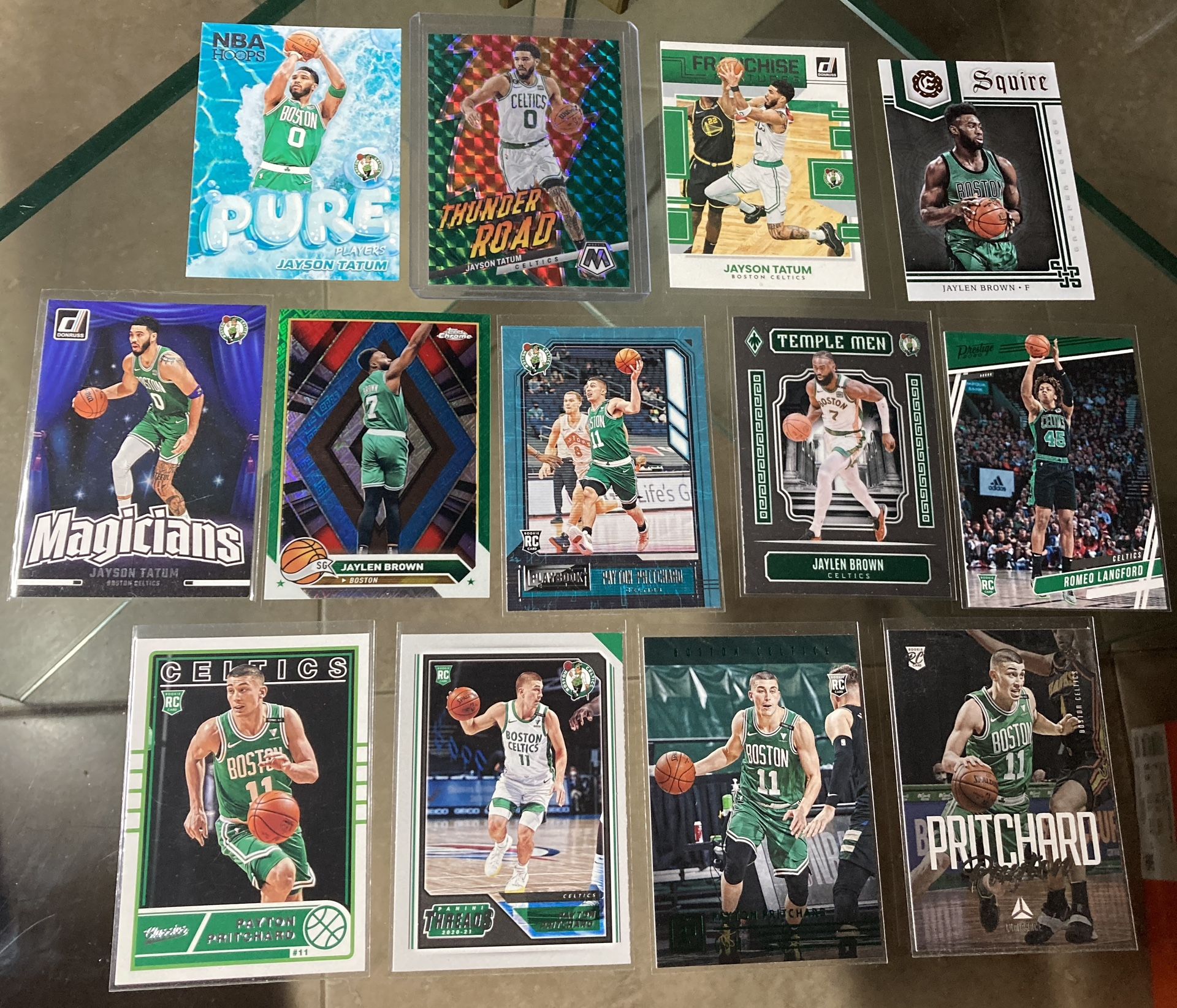 13 card NBA basketball Celtics Jayson Tatum green Prizm Mosaic Jaylen Brown green color match refractor Payton Pritchard rookie lot Rc rookie select p
