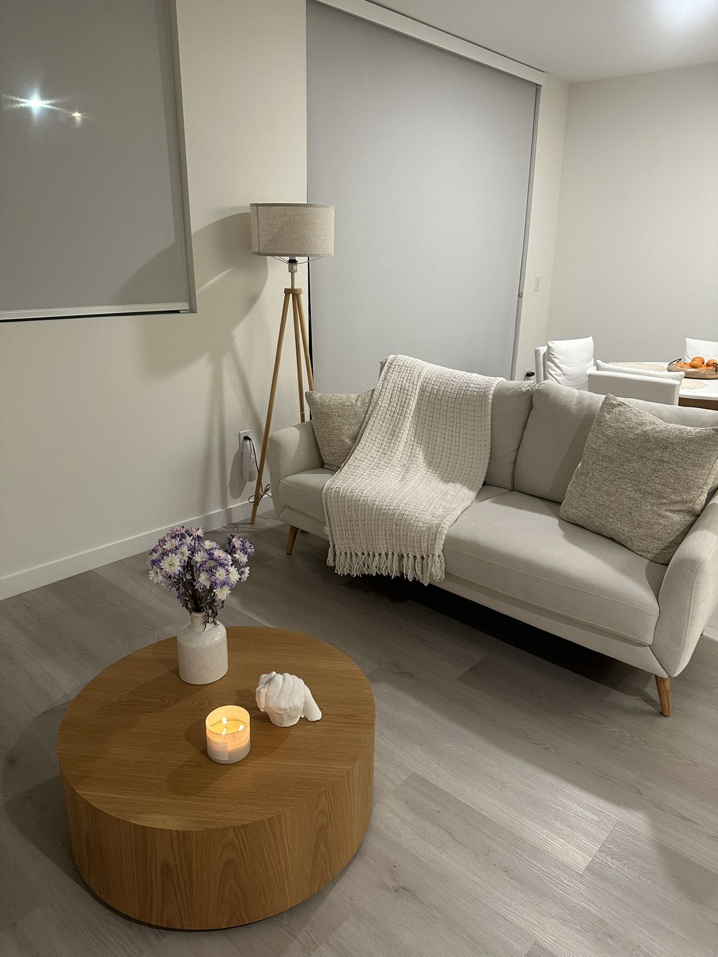 Sofa, table and lamp