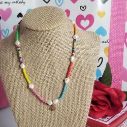 Beaded Multicolor Necklace with mother Pearl's accent Handmade New 