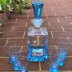 MCM Vintage Aqua Decanter & 6- Glass Set