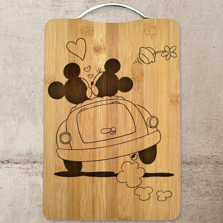 Mickey and Minnie Driving Laser Engraved Cutting Board