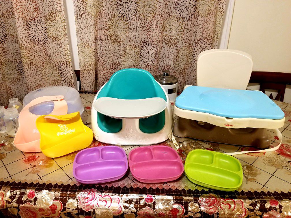 Bumbo seat, silicone bibs, bottle sanitizer,booster sear, plates