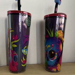Starbucks Día De Los Muertos Tumblers (Set of 2) w/ Skull Toppers NEW