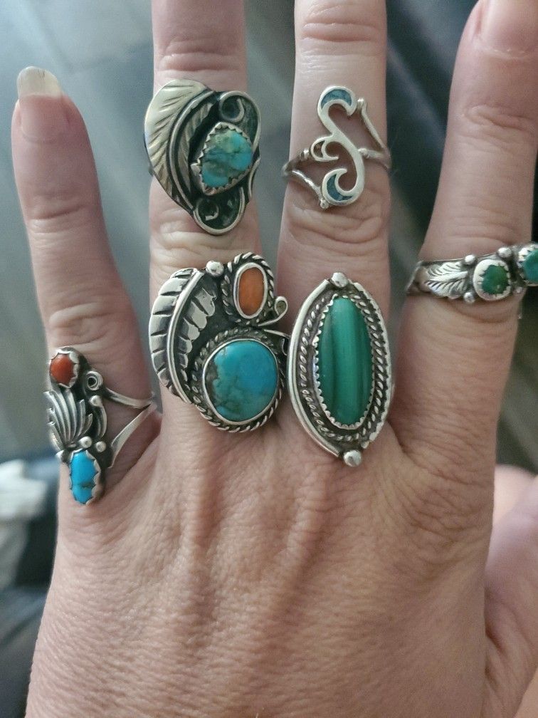 Vintage Sterling Silver Rings With Turquoise, Coral, Malichite.