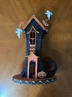 Glitter Haunted House Tealight Holder – Halloween Tabletop Decor, Black & Orange, Ghosts & Pumpkin