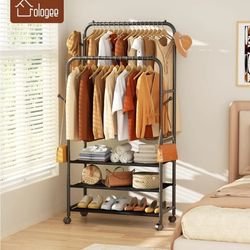 3 Tier Clothes Racks for Hanging Clothes, Portable Rolling Garment Rack Sturdy Metal Freestanding Cloths Racks