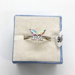 Size 7 Rainbow Silver Tone Butterfly Ring