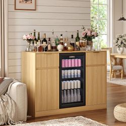 Mini Fridge Cabinet with Power Outlet, Coffee Bar Cabinet with Fridge Space & Wine Glass Rack, Fluted Buffet Sideboard with Drawer & Adjustable Shelf,