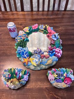 18” Resin Coral Reef Framed Oval Mirror and 2 candlestick holders Ocean Wall Mirror