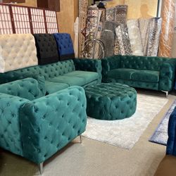 Velvet 3 Pc Set Sofa, Loveseat & Chair Multiple Colors Available 
