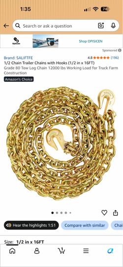 Grade 80 Tow Chain with Hooks 1/2 in x 16FT