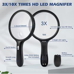 Magnifier 10X Illuminated Magnifier Handheld Magnifying Glass w Light 