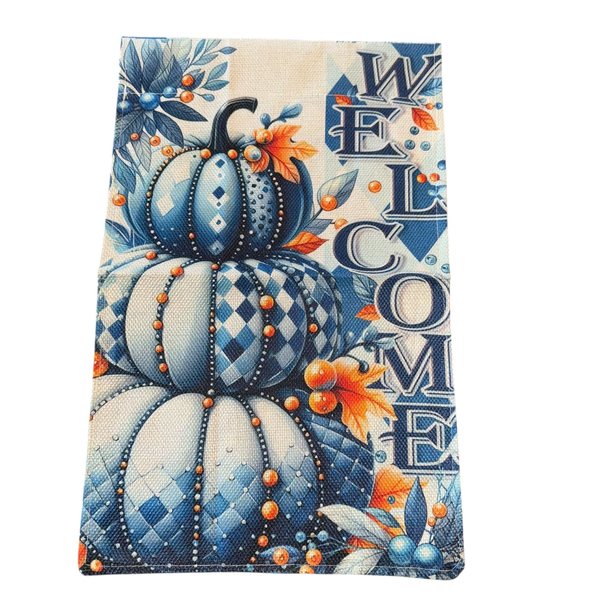 Fall Autumn Welcome  Burlap Garden Flag Decorative Gift Yard Banner 17”x10.5”New   Beautiful autumn/Fall flag. Unique blue and orange details. 
