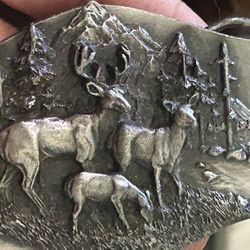 1970s pewter deer hunting belt buckle 