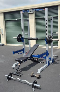 Bench press, squat rack, Olympic weights (Free Delivery)
