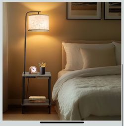 Set of 2 - Gray Floor Lamp with Table, Drawer, USB Charging and Remote
