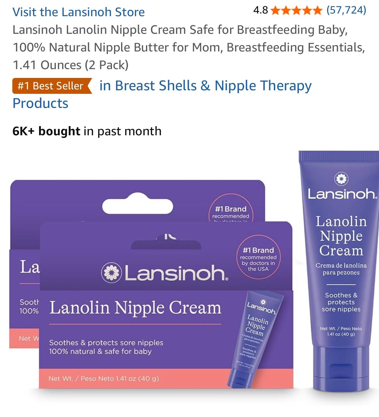 (Brand New)2-packs Lansinoh Nipple Cream, 100% Natural 1.41 Oz each
