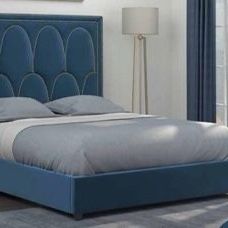 Brand New Rich Blue Velvet Bed with Brass Accents