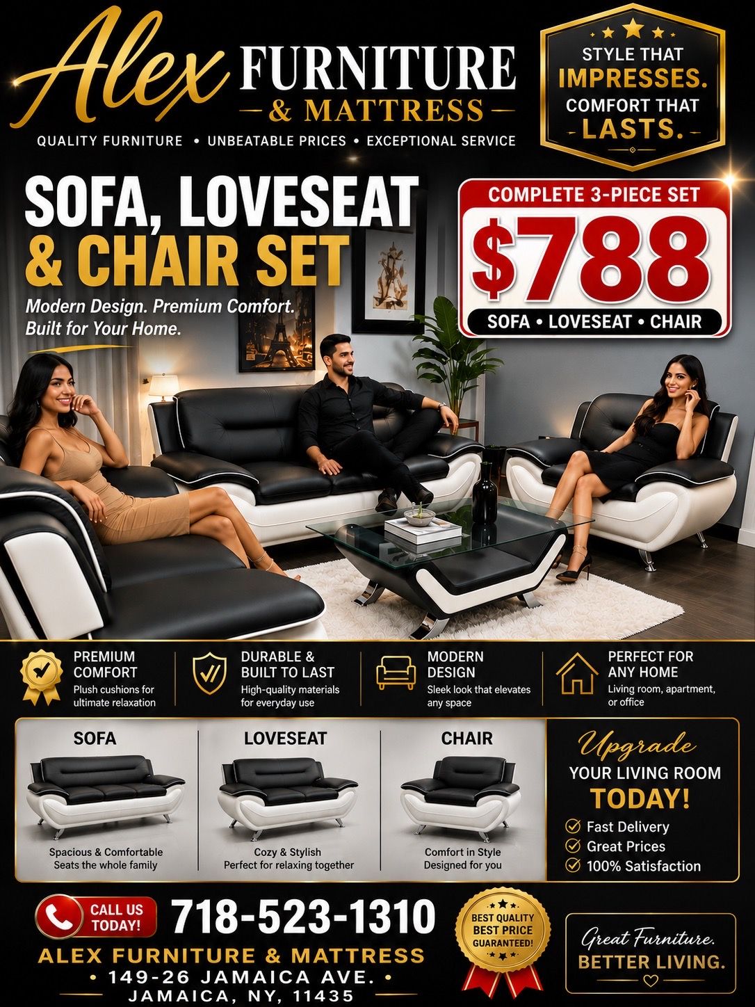 COMPLETE 3-PIECE SET JUST $788! ๐ฅ Modern Sofa โข Loveseat โข Chair Style, comfort & value all in one package!