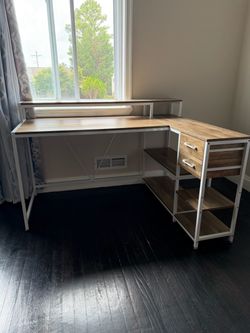 L-Shaped Computer Desk with Drawers, Shelves & Monitor Riser