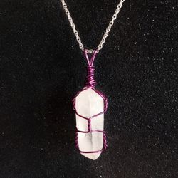Quartz pendant wrapped in purple wire on sterling silver necklace new