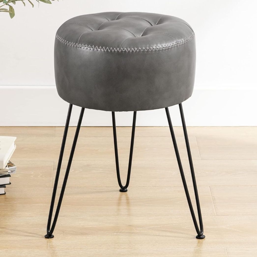 Faux Leather Vanity Stool Chair for Makeup Room，Brown Stool for Vanity, 19” Height, Tufted Small Vanity Chair Stool with Metal Legs, Modern Foot Stool