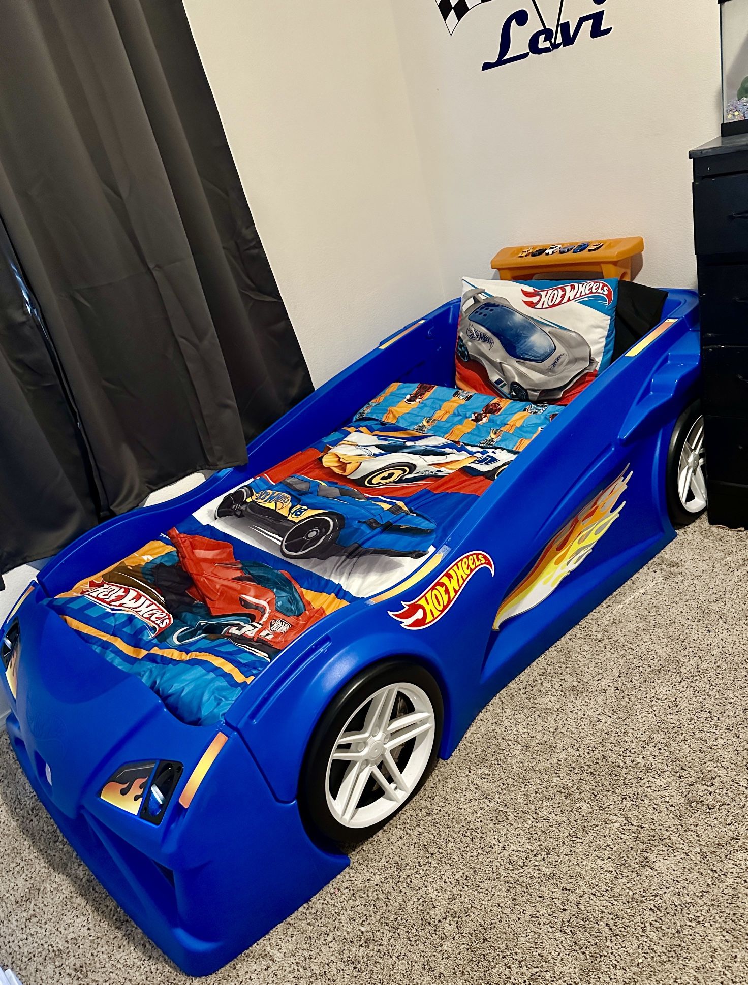 Price Reduced !! Hot wheels Car Bed Twin/Full, Crib Mattress & Comforter