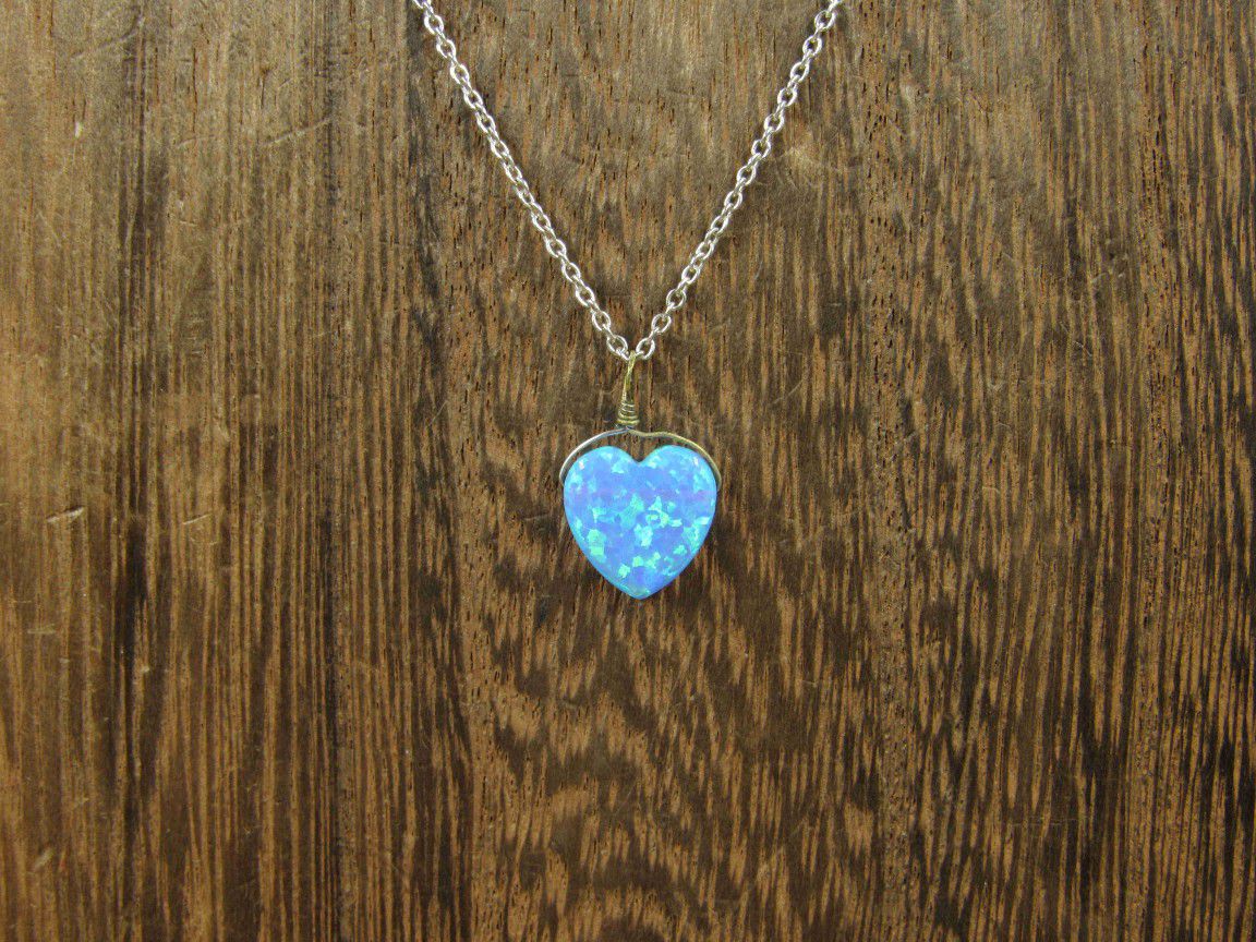 16 Inch Sterling Silver Handmade Heart Blue Opal Pendant Necklace