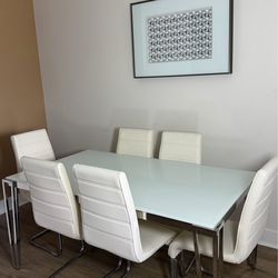Modern Glass Dining Table Set – 6 Chairs, White & Chrome