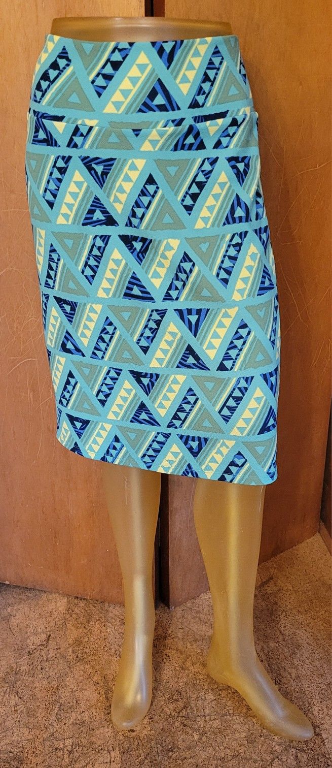 LuLaRoe Cassie Womens L Green Yellow Blue Geometric Pattern Pencil Skirt