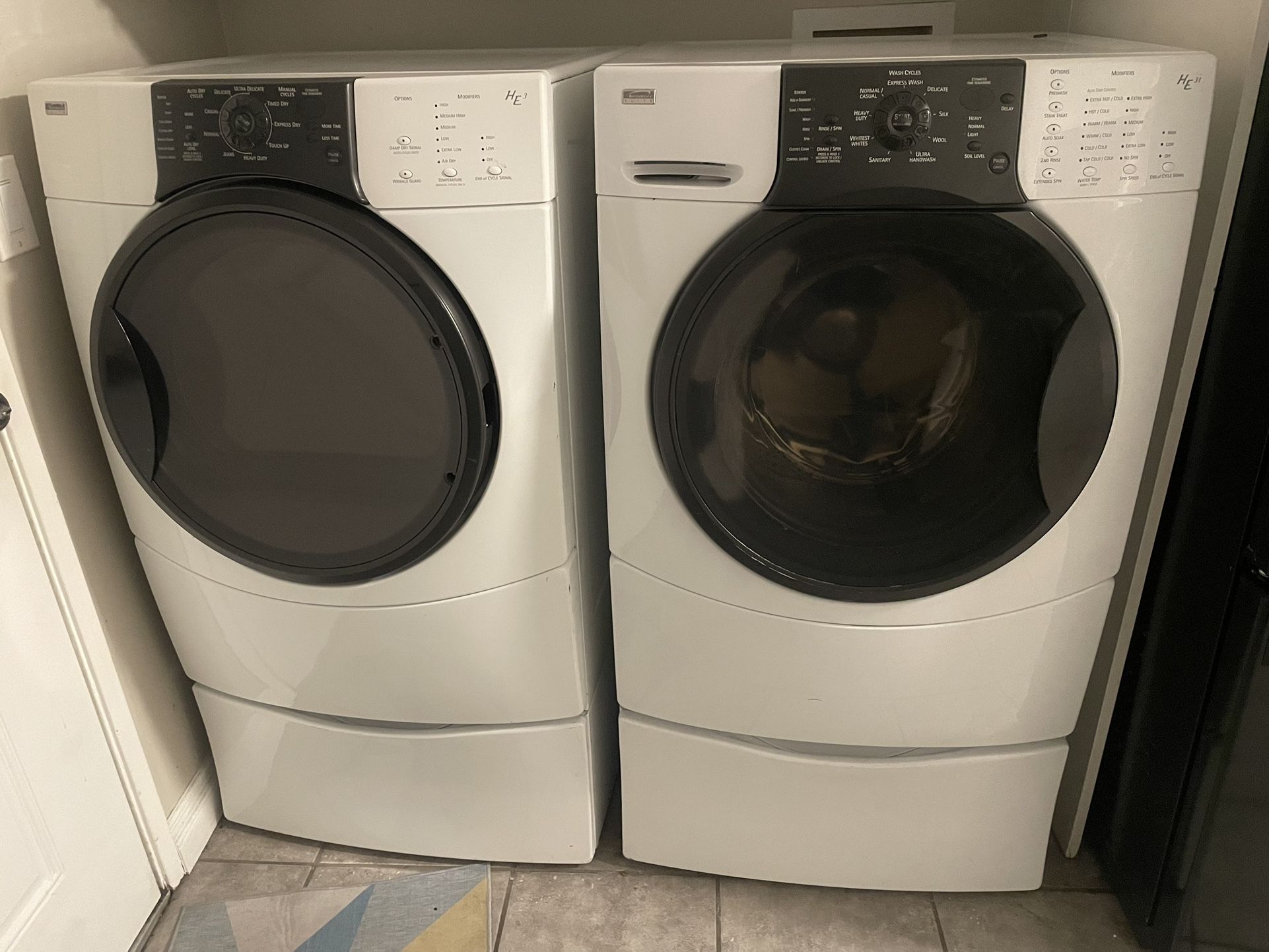 Kenmore Elite Washer and Dryer on Drawered Risers