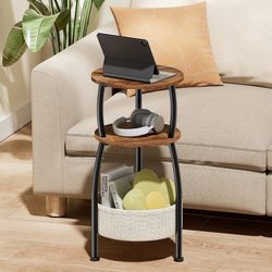 3-Tier Round Side Table with Storage Basket