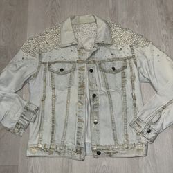 Rhinestones Pearls Embellished Bedazzled Denim Jacket Vintage Light Blue One Sz 