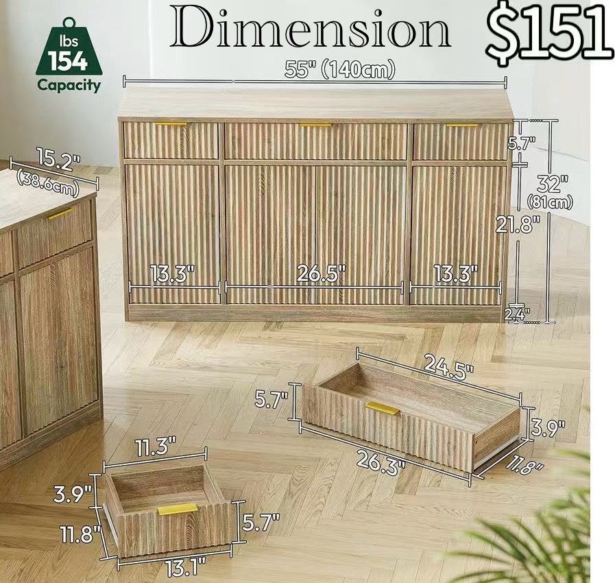 😀 TIQLAB 55" Fluted Sideboard Buffet Cabinet with Storage, 4 Doors Credenza with Drawers, Beige Console Cabinet for Living Room, Buffet Table