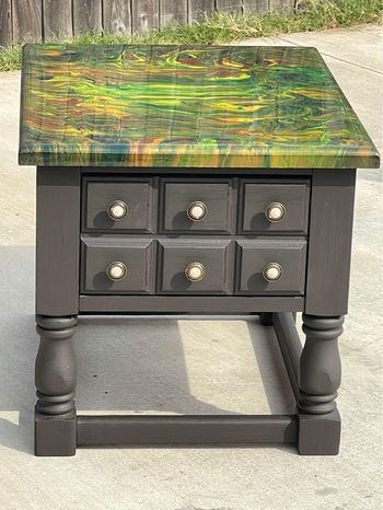 Dark brown with camo fall colors epoxy top end side or accent table w/one drawer 21”H x 22”L x 28W