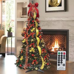 New in box - 6FT Pop Up Christmas Tree Artificial with Remote, Pull Up Christmas Tree with Pre-lit 200LED Warm Lights, Holiday Party Decorations Red G