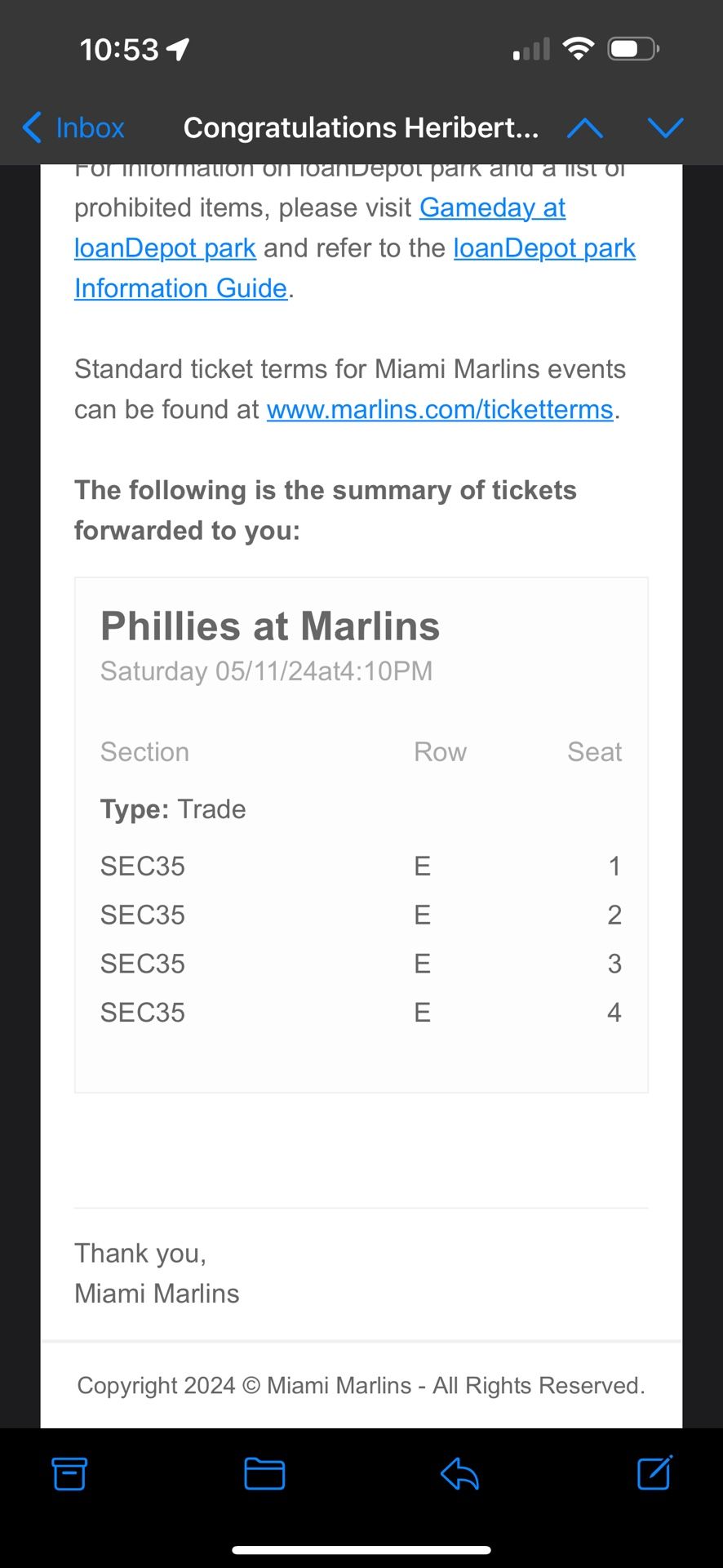 4 Tickets And Parking Miami Marlins V. Philadelphia Phillies 