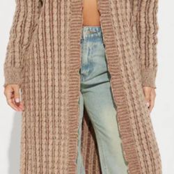 Chunky Knit Longline Cardigan | Taupe & Mocha Striped | Cozy & Stylish