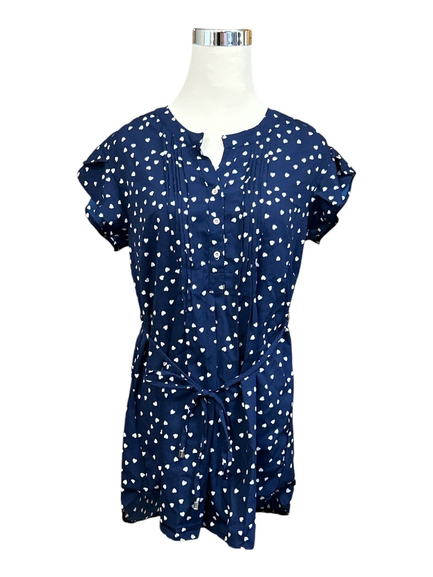 Times Two Maternity Blue w/White Heart Polyester Flutter Sleeve Medium Tunic