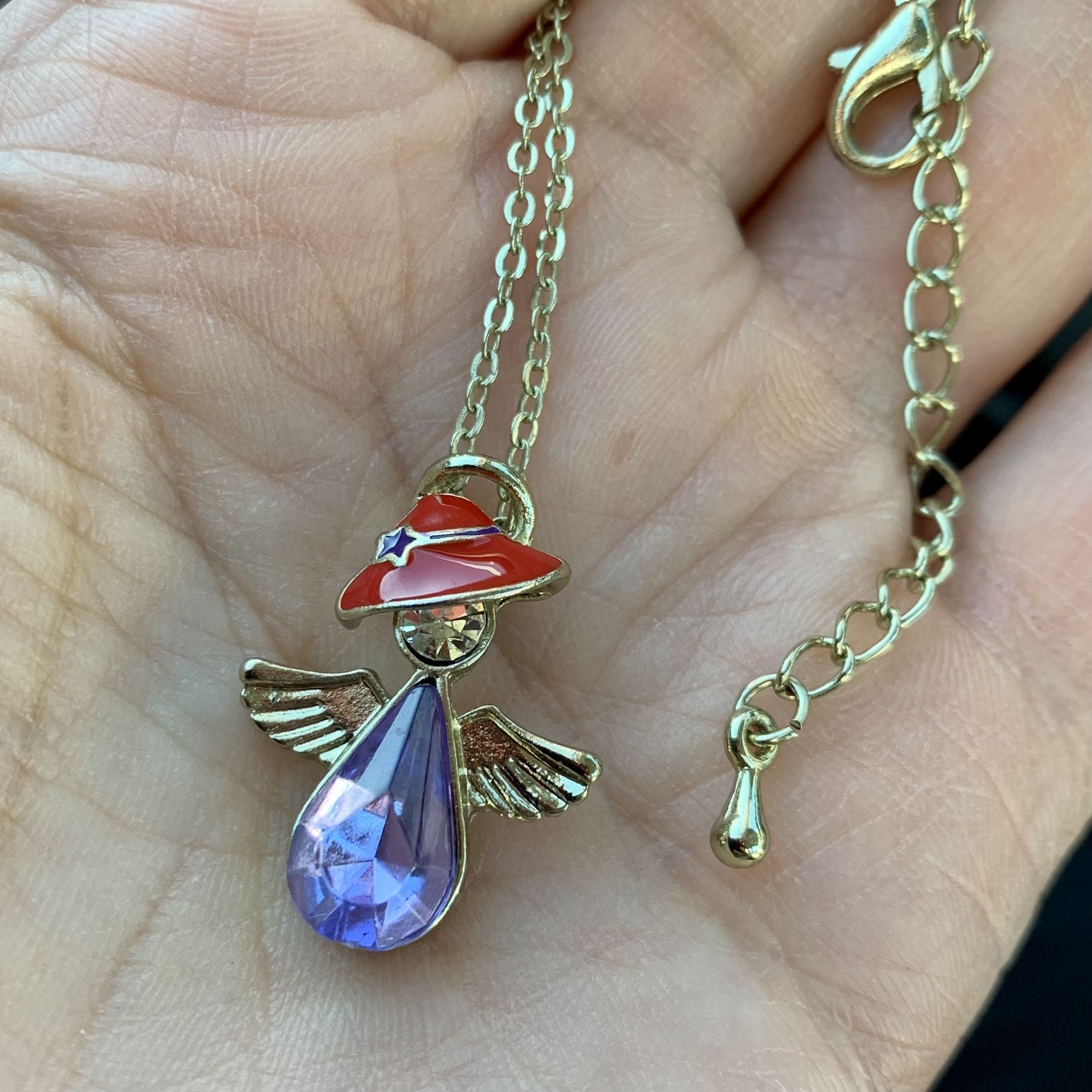 Angel In Red Hat And Purple Dress Pendant Necklace Gold Plated 19” Chain