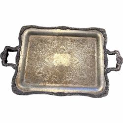 Antique Silver-Plated Ornate Serving Tray with Handles 23.75”x14.5”