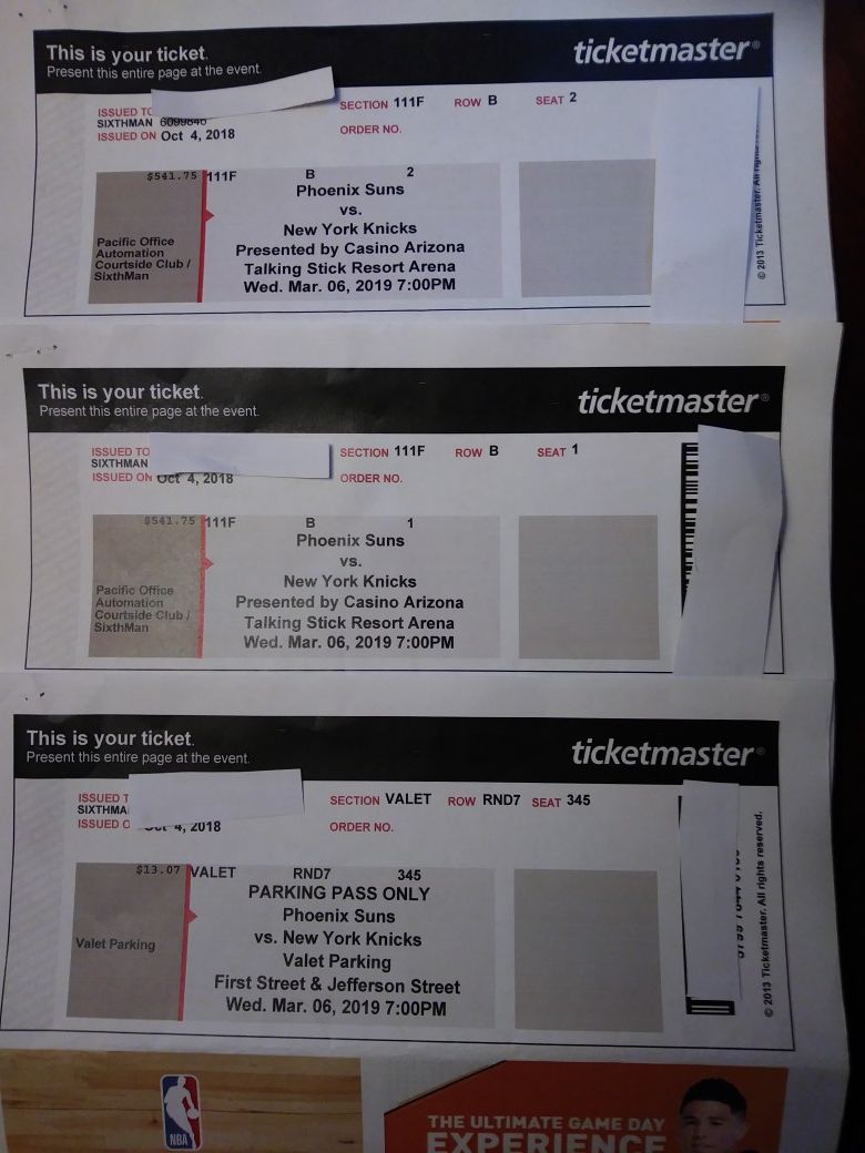 Phoenix Suns vs. New York Knicks tickets. Floor Seats. 3-6-19
