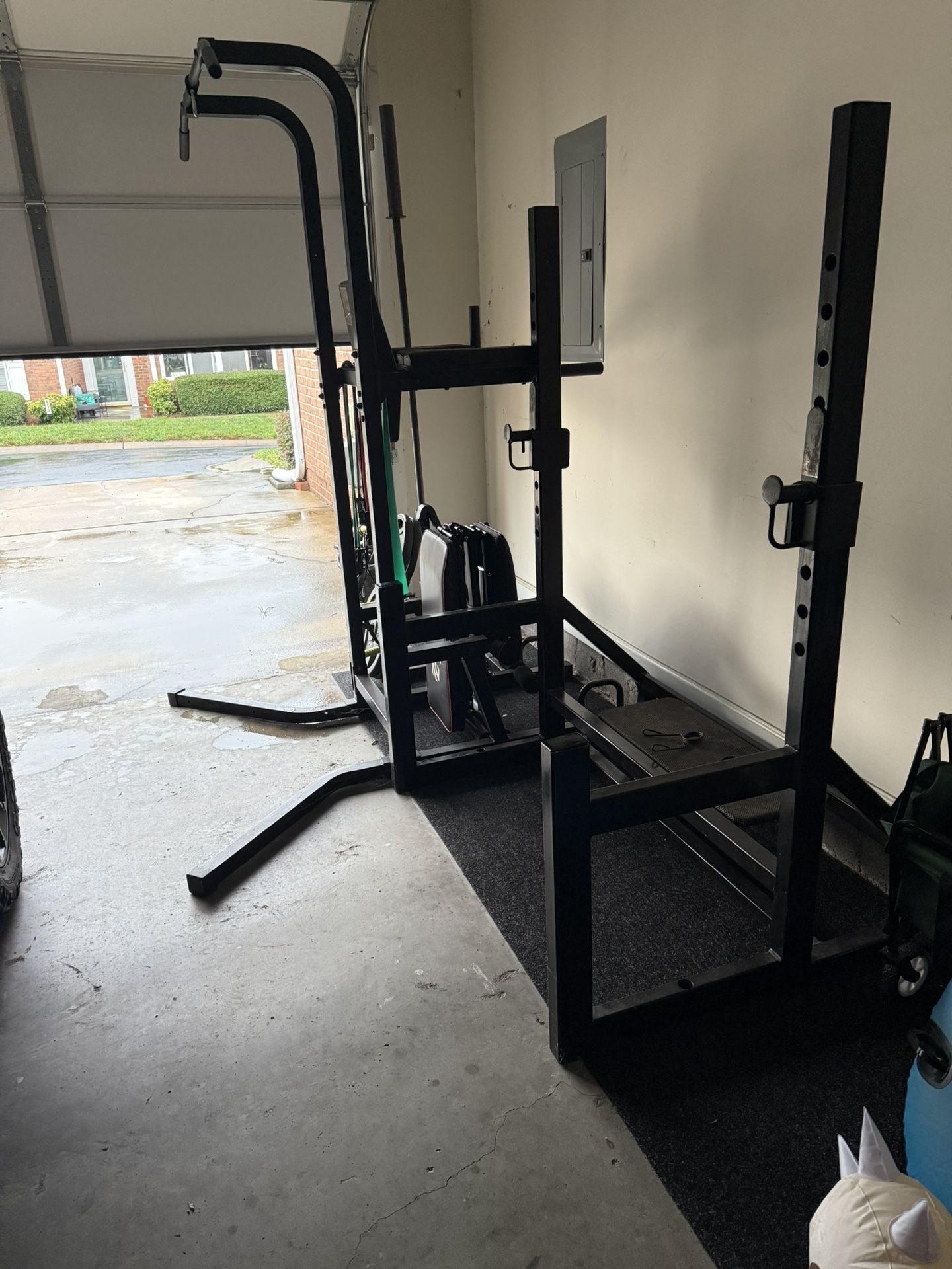 Weight bench + rack + barbell + steel plates