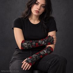 Skull and Red Rose Fingerless Arm Warmers