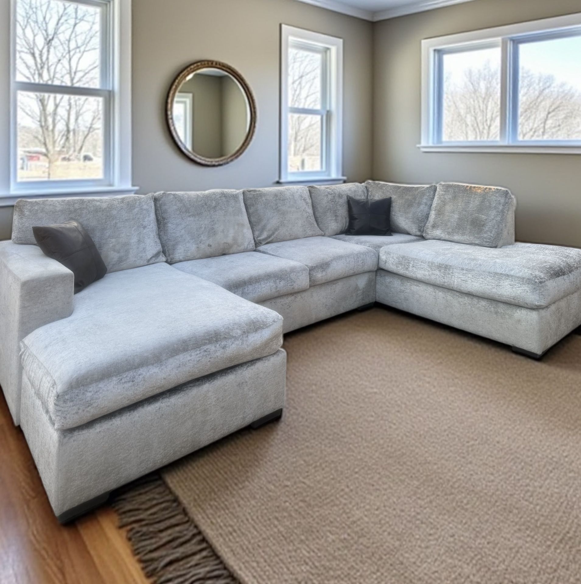 3 Piece Velvet Gray Sectional Sofa w/ Double Chaise Lounges