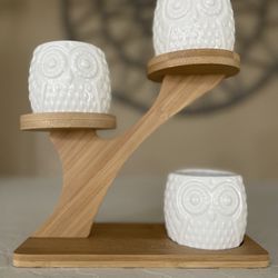 Owl Plant Pots with Tiered Bamboo Stand 