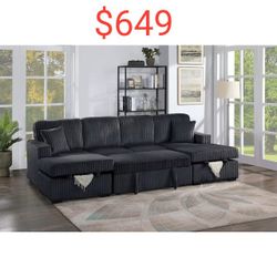 Black Or Brown Corduroy U Shaped Double Chaise Sectional Couch With Pull Out Bed   - Limited Time Offer 