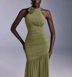 Olive Green Halter Neck Ruched Maxi Dress